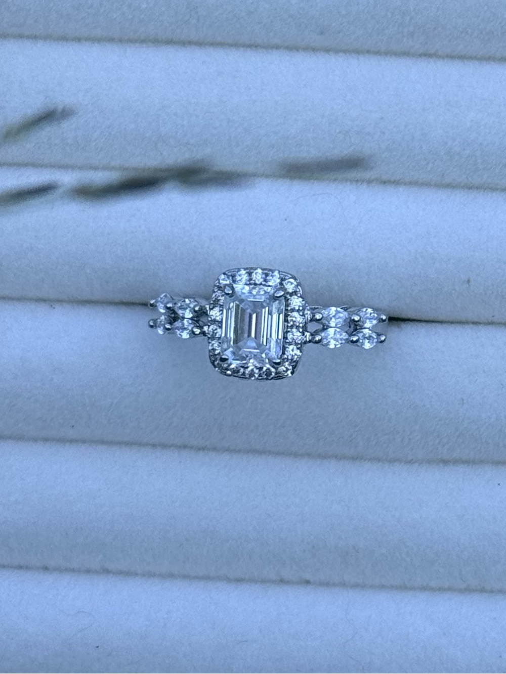 Emerald-Cut Moissanite Halo Engagement Ring in Silver with Side Stones - Picture 1 of 3